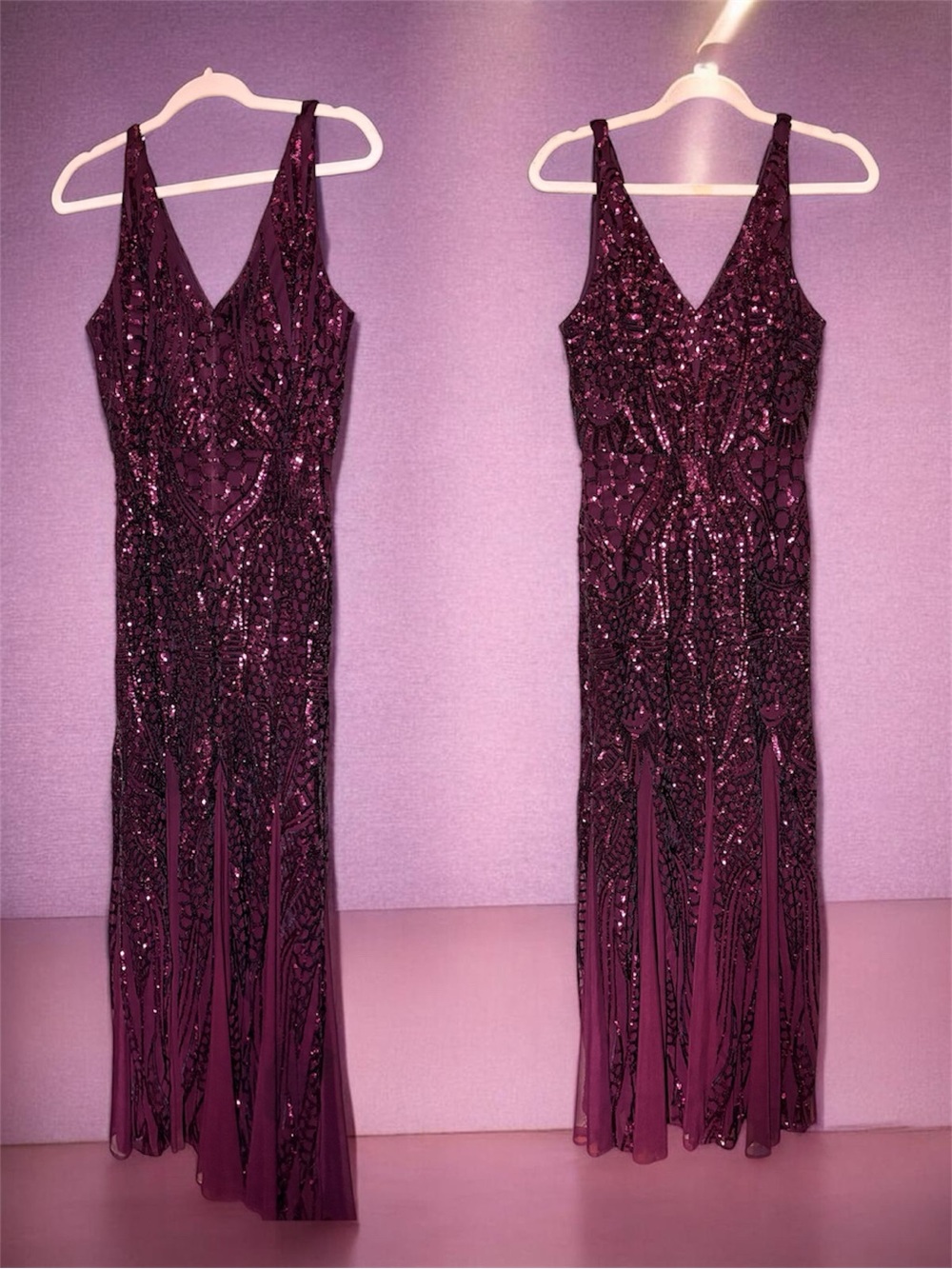 Sequin V-Neck Evening Gown in Plum
